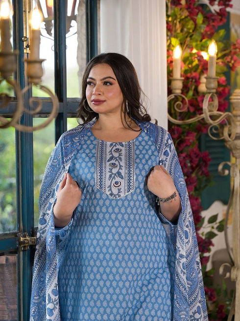 Women Plus Size Blue Pure Cotton Kurta Set With Dupatta